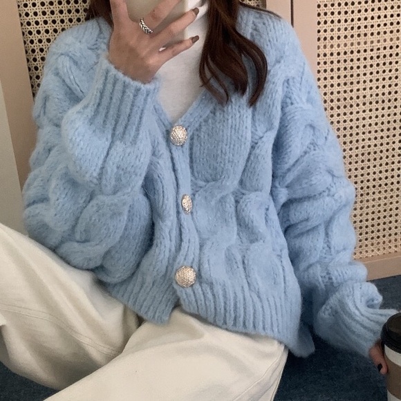 Cardigan sweater cable knit pink cream white womens button long sle… - Picture 8 of 16